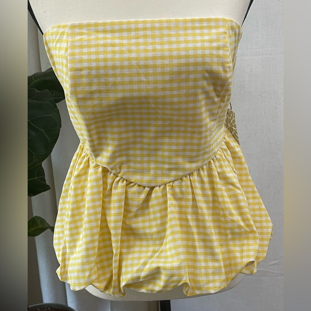 NEW Yellow and White Gingham Peplum Smocked Bandeau Top